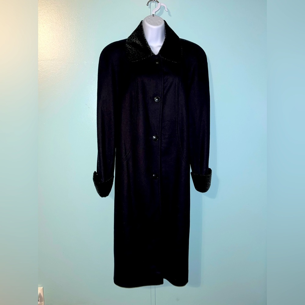Alorna Trench Coat Wool Size‎ 10 Black Vintage Made in USA Animal Print